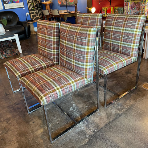 1970's Chrome Dining Chairs Reupholstered in Plaid Wool