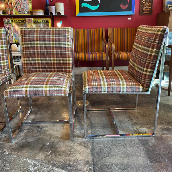 1970's Chrome Dining Chairs Reupholstered in Plaid Wool
