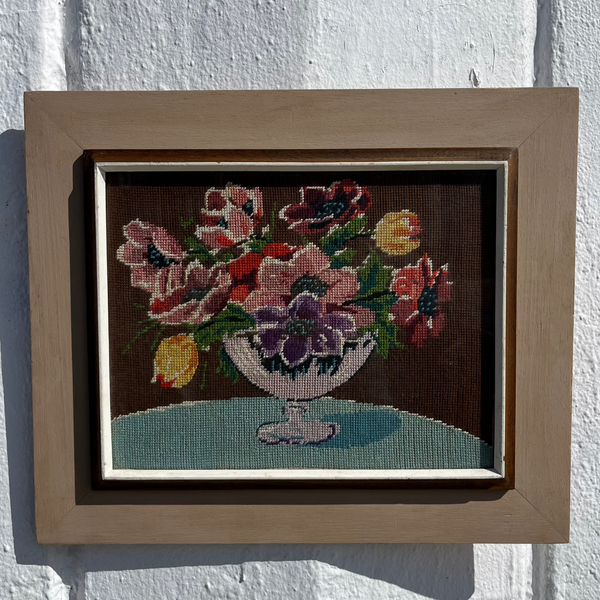 Antique Framed Needlepoint Still Life - 18.5" x 15.5" Artwork CANDID HOME