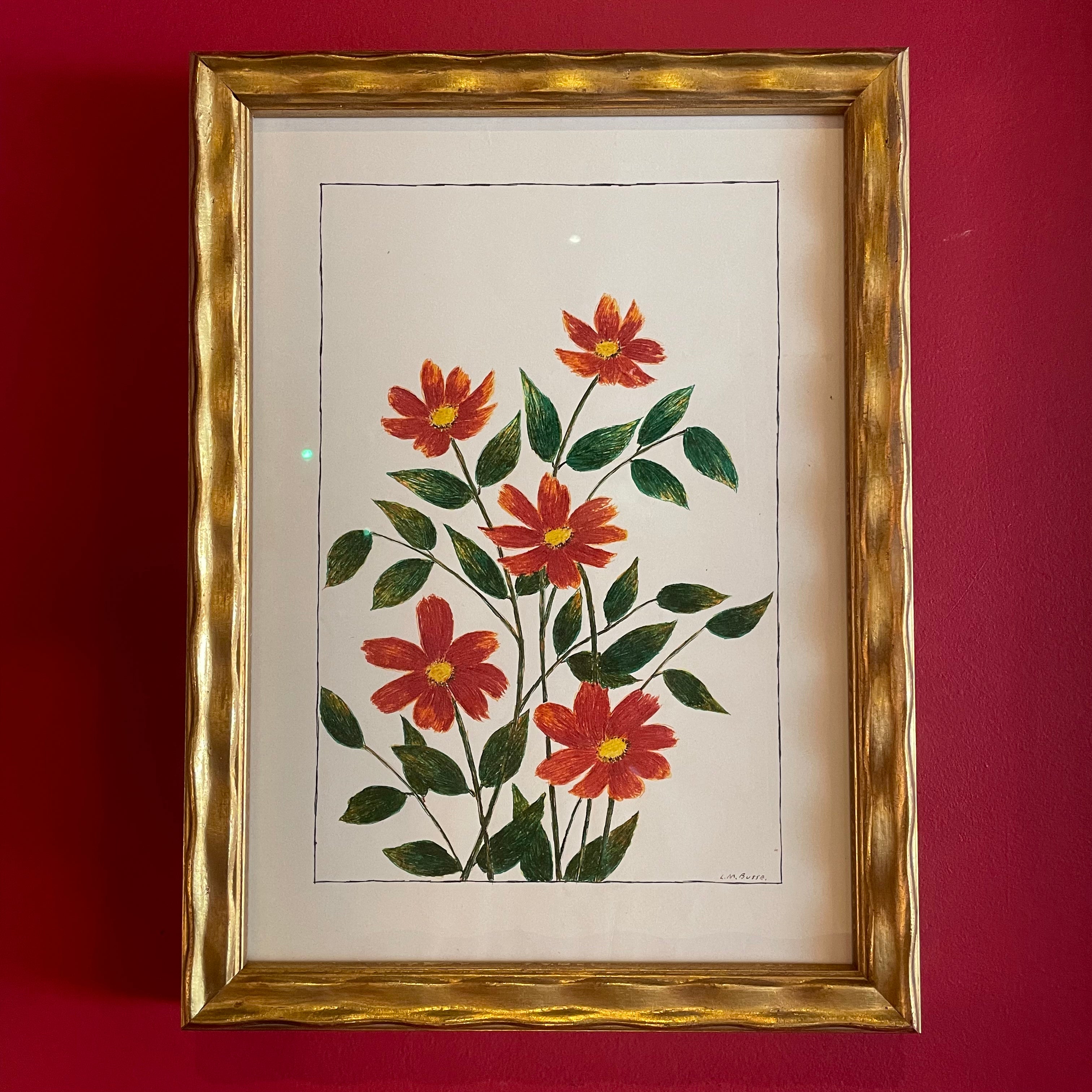 Vintage Floral Pen Drawing by L.M. Busse - 8.75" x 12" Artwork CANDID HOME red dahlias