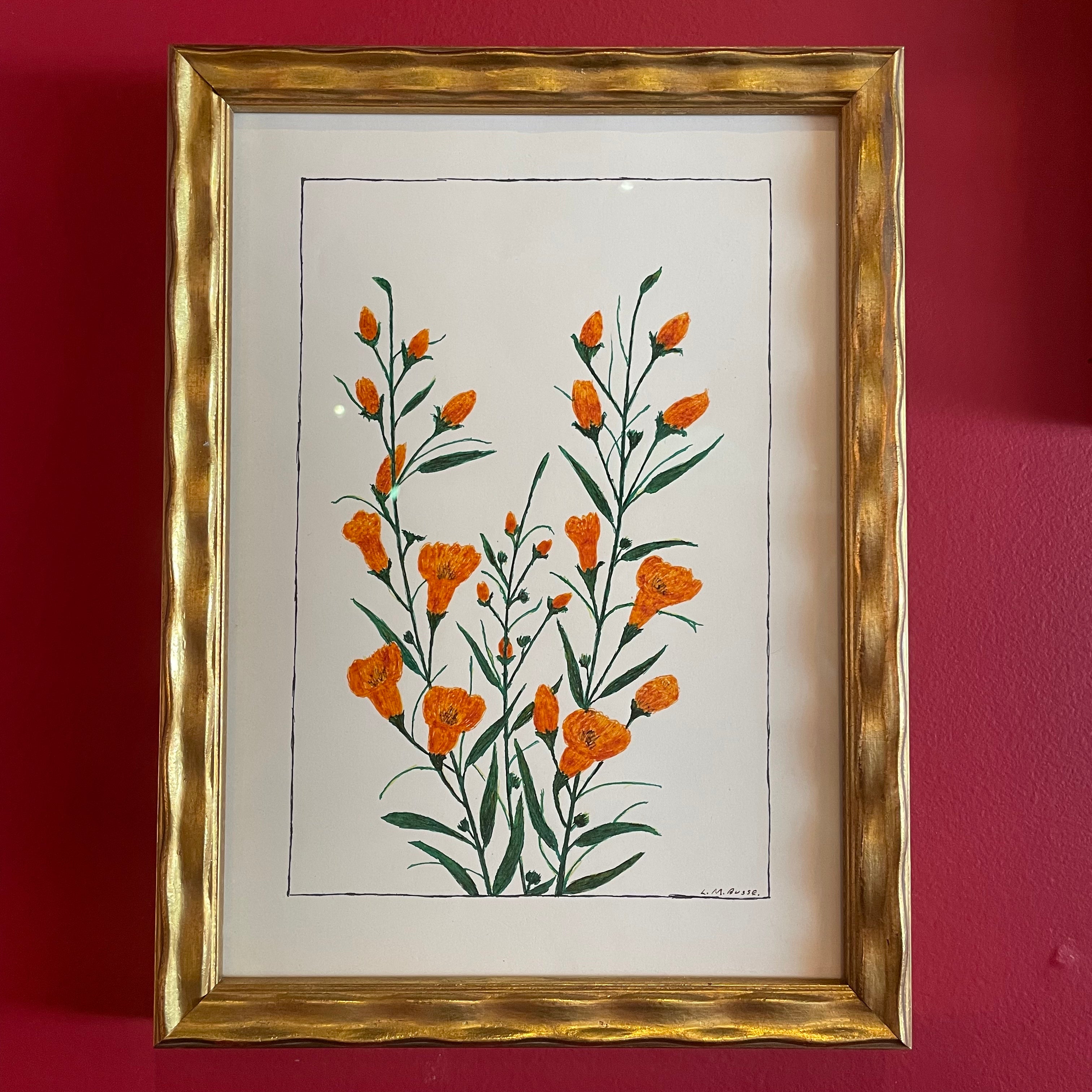 Vintage Floral Pen Drawing by L.M. Busse - 8.75" x 12" Artwork CANDID HOME gold poppies