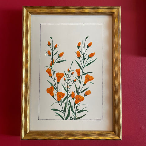 Vintage Floral Pen Drawing by L.M. Busse - 8.75" x 12" Artwork CANDID HOME gold poppies