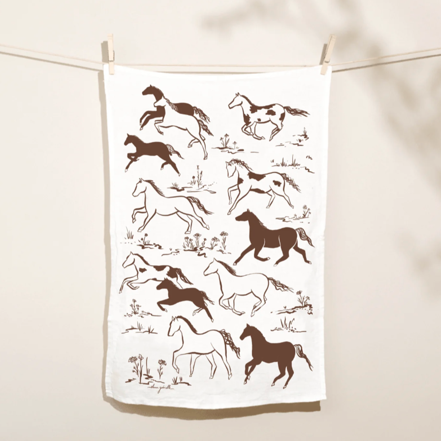 Printed Linen Rectangle Tea Towels by Elana Gabrielle tea towel Elana Gabrielle Wild Horses: White/Brown
