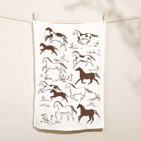 Printed Linen Rectangle Tea Towels by Elana Gabrielle tea towel Elana Gabrielle Wild Horses: White/Brown