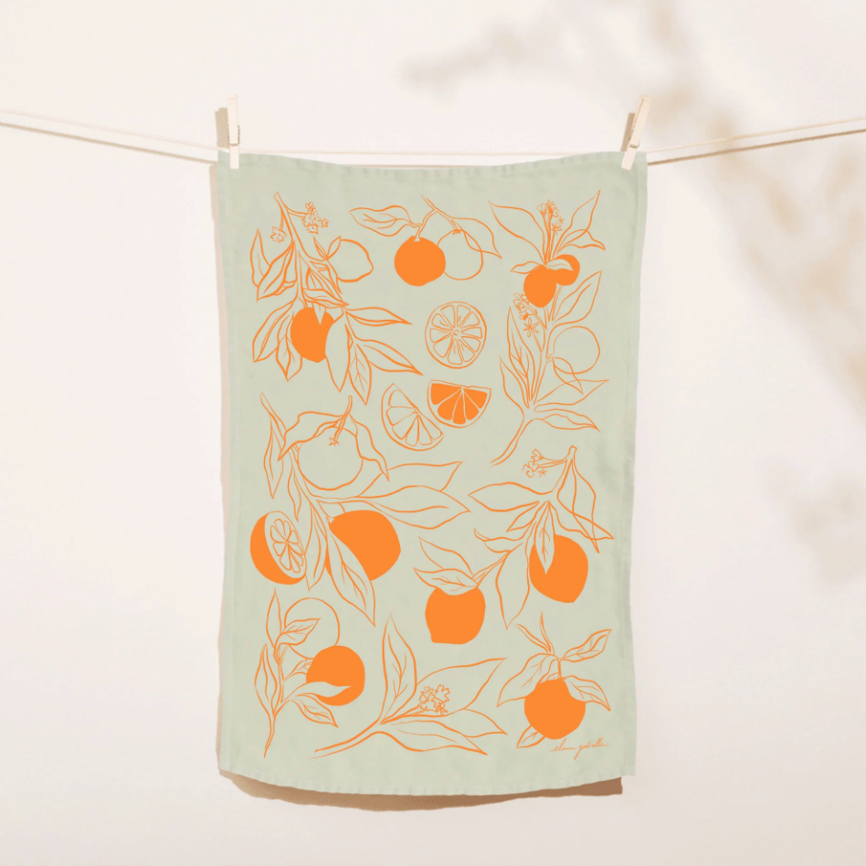 Printed Linen Rectangle Tea Towels by Elana Gabrielle tea towel Elana Gabrielle Clementine: Natural/Orange