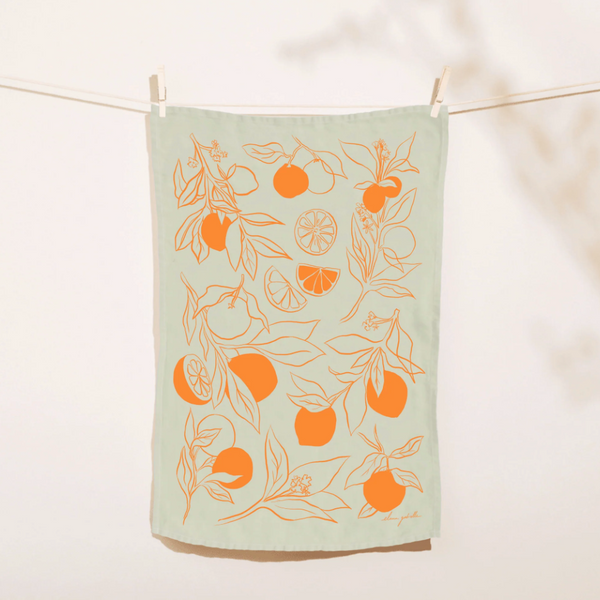 Printed Linen Rectangle Tea Towels by Elana Gabrielle tea towel Elana Gabrielle Clementine: Natural/Orange
